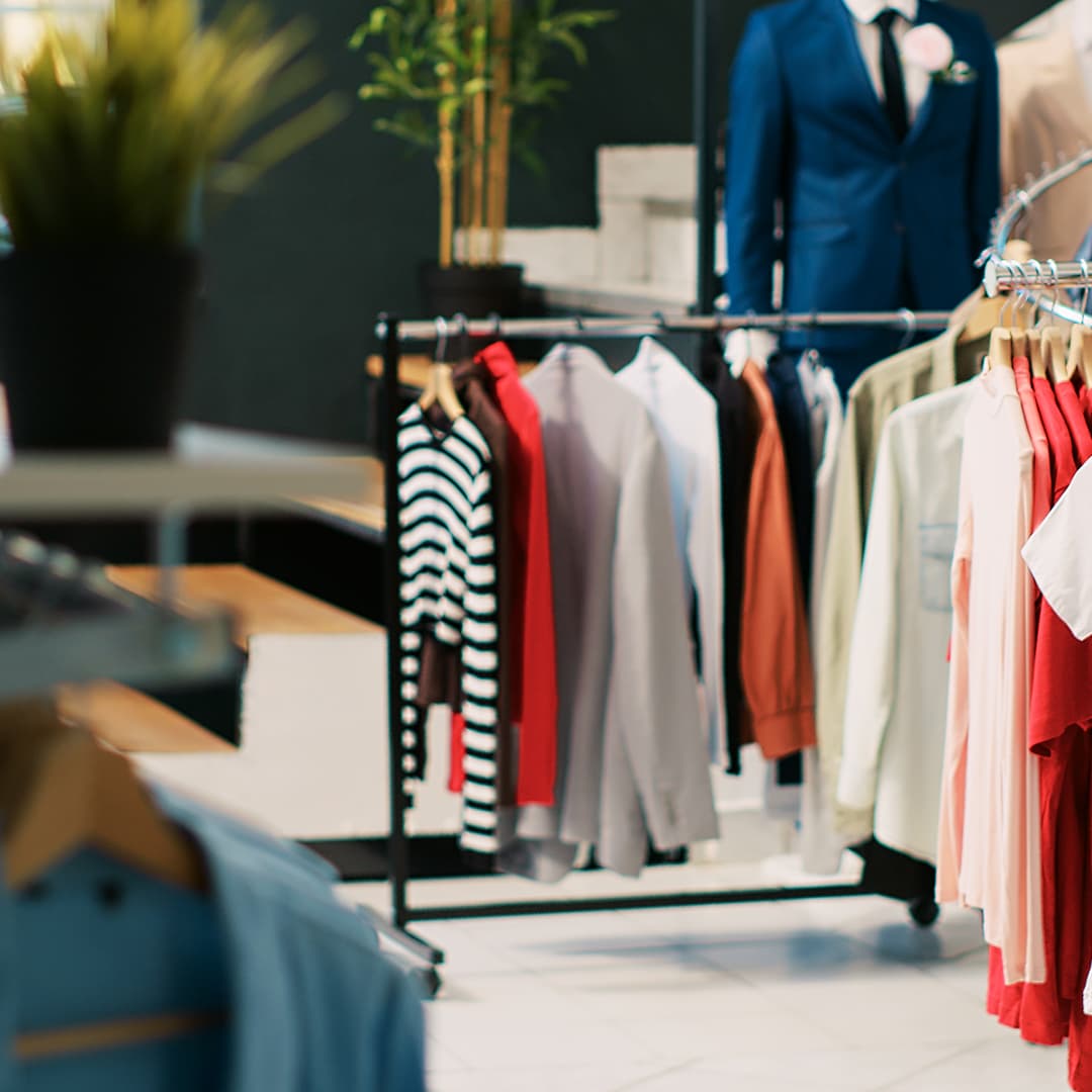 Clothing racks in a retail store secured by walk-through metal detectors at the entrance